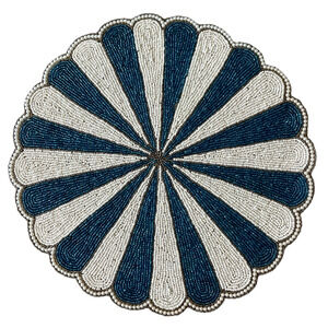 Tiramisu Hand Glass Beaded Placemat Charger Round Scalloped Edge Blue Cream NEW